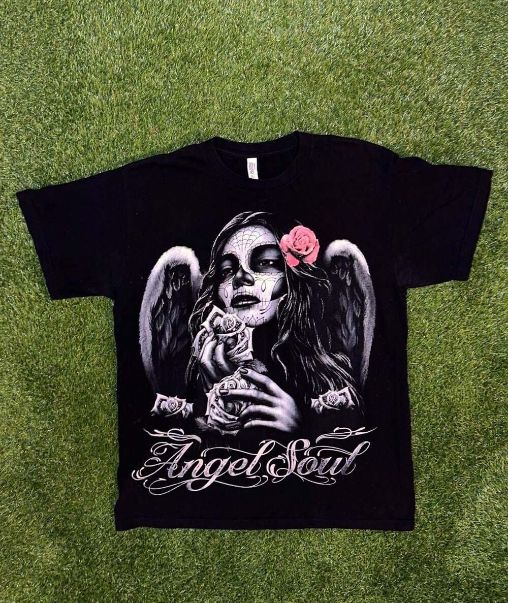 Angel Soul Day of the Dead Woman Wings Roses Black T-Shirt